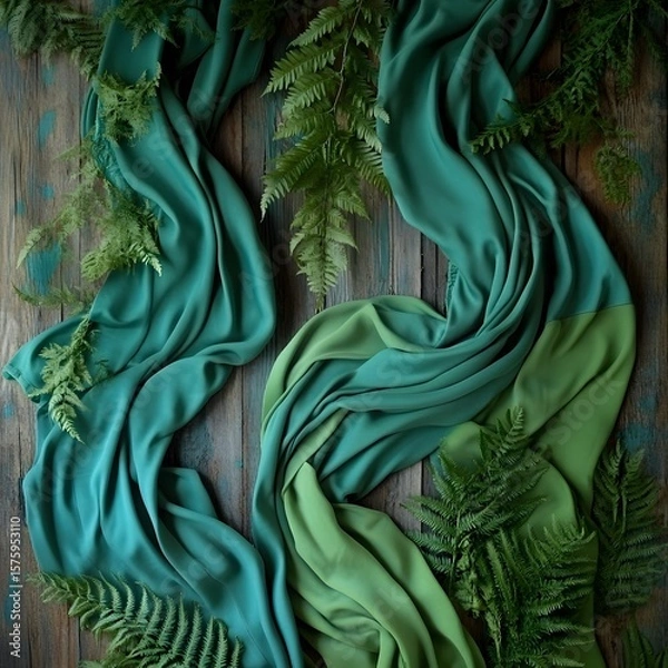 Fototapeta Elegant Teal and Green Silk Fabric Draped on Rustic Wood with Ferns