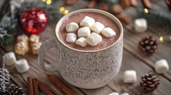 Fototapeta Close-Up Shot of Hot Chocolate with Marshmallow and Sweets on Wooden Table