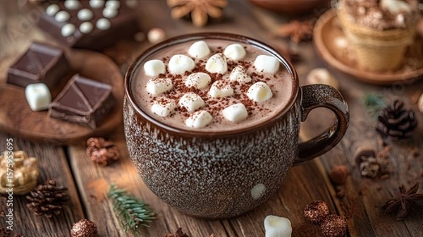 Fototapeta Close-Up Shot of Hot Chocolate with Marshmallow and Sweets on Wooden Table