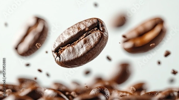 Fototapeta Close-Up Shot of Panoramic Coffee Bean Falling on White Background