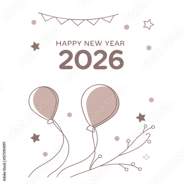 Fototapeta Happy New Year 2026 celebration card with colorful balloons and confetti