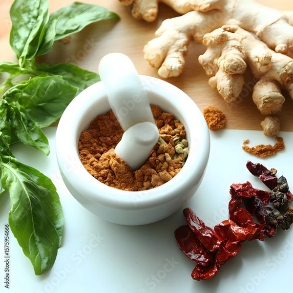 Fototapeta Ground Spices in Mortar with Ginger and Basil