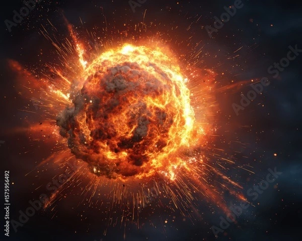 Fototapeta Fiery Explosion Bright Red-Orange Fireball in Space