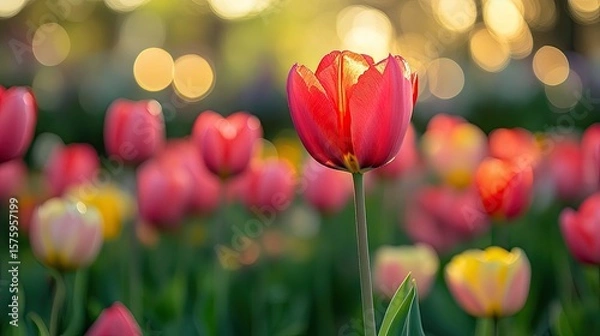 Fototapeta Close-Up Tulip Flower Bloom with Blurry Tulips in Spring Garden