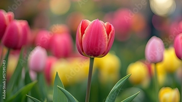 Fototapeta Close-Up Tulip Flower Bloom with Blurry Tulips in Spring Garden