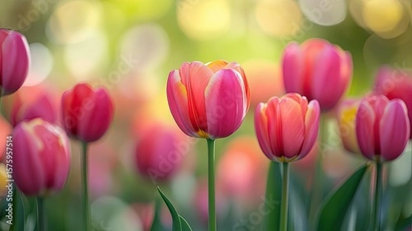 Fototapeta Close-Up Tulip Flower Bloom with Blurry Tulips in Spring Garden