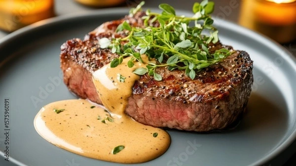 Fototapeta Delicious Plate of Savory Meat with Rich Sauce Garnished with Herbs