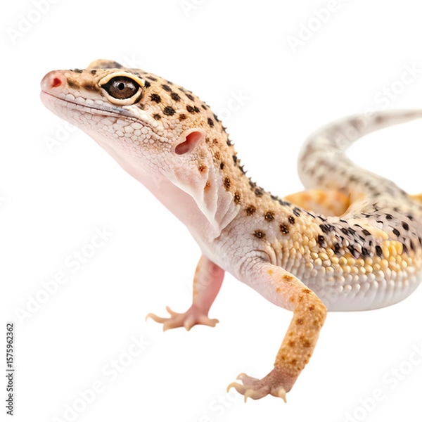 Fototapeta Leopard Gecko A Detailed CloseUp of a Juvenile Eublepharis macularius showcasing its distinctive markings and alert posture against a pure white background isolated on transparent background