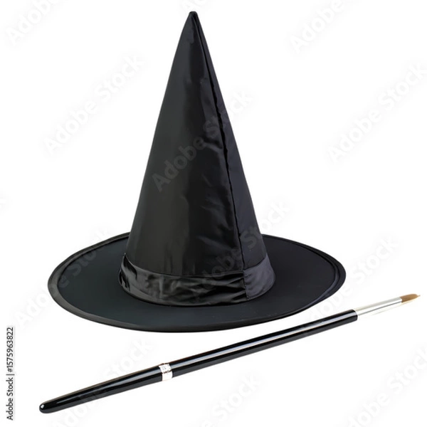 Fototapeta Classic Witchcraft Ensemble Conical Hat and Wand isolated on transparent background