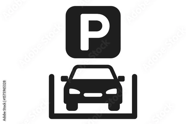 Fototapeta Simple black car parking sign icon. Automobile in a designated parking lot space symbol. Flat vector pictogram for web or app. Transport and traffic road sign concept.