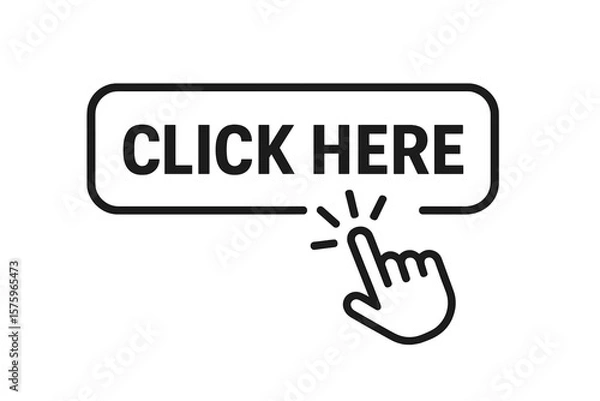 Obraz Click here web button. Hand pointer cursor clicking. Call to action concept. UI UX design element. Website graphic interface. Modern button icon for link. Tap, press. Vector.