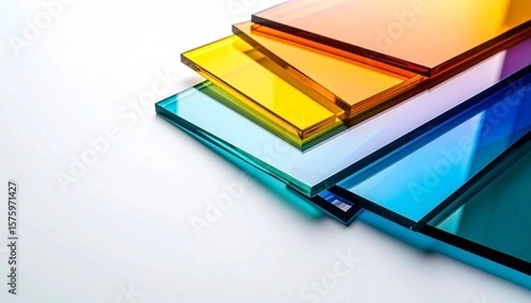 Obraz Sleek rainbow-toned acrylic panels overlapping in transparent layers, casting colored shadows across a matte white background