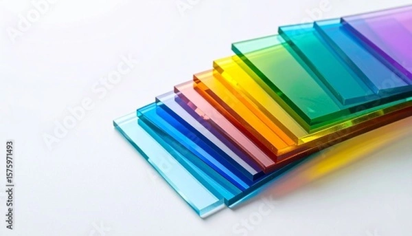 Obraz Sleek rainbow-toned acrylic panels overlapping in transparent layers, casting colored shadows across a matte white background