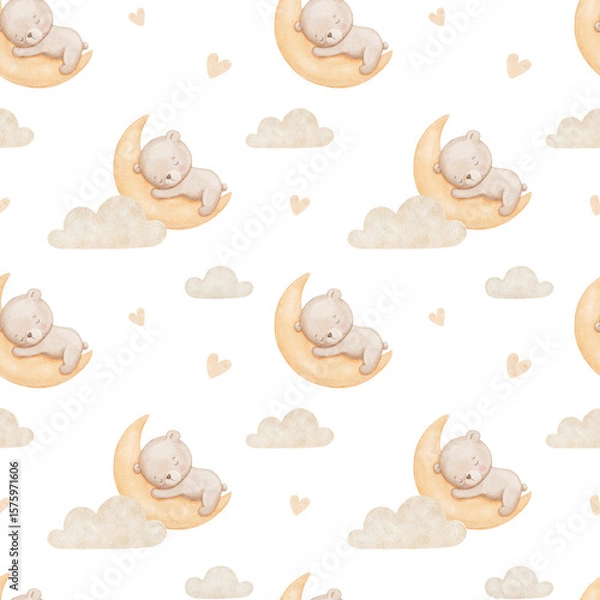 Fototapeta Seamless watercolor pattern with cute bear sleeping on moon in cloud, hand drawn illustrations for kids