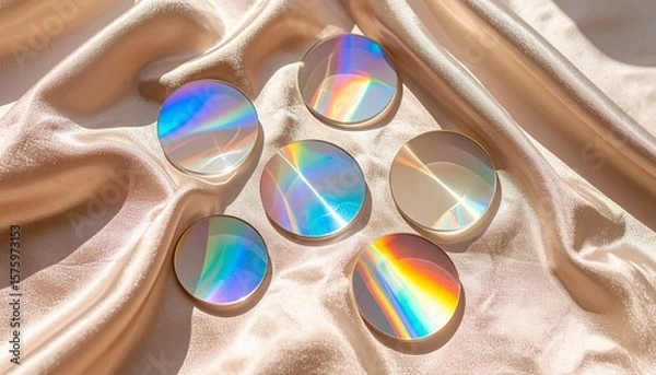 Obraz Rippled glass discs arranged in spectrum order, catching refracted rainbow light over a satin surface with natural gradients