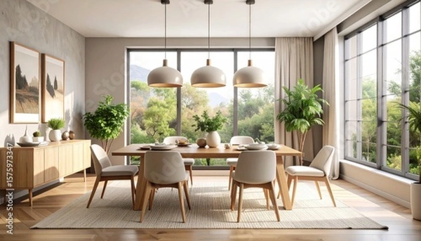 Obraz Bright Dining Room with Nature View, Modern Design, and Pendant Lighting