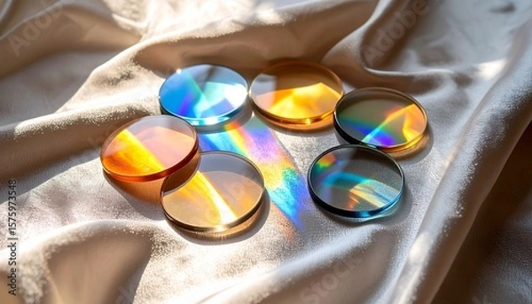Obraz Rippled glass discs arranged in spectrum order, catching refracted rainbow light over a satin surface with natural gradients
