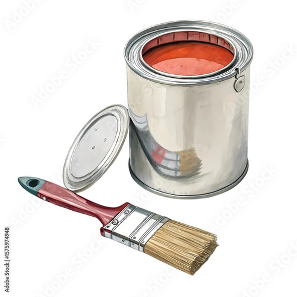 Fototapeta A Can of Vibrant Orange Paint and a Ready Brush isolated on transparent background
