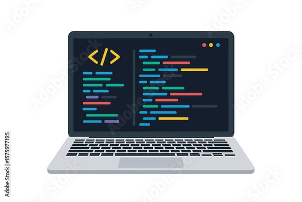 Fototapeta Laptop with code on screen. Programming and coding concept. Web development. Writing application code and testing computer software. Bug fixing process. Flat vector icon.