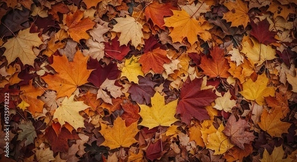 Fototapeta Colorful dry autumn leaves background with vibrant fall foliage texture.