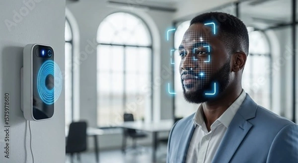 Fototapeta Businessman using facial recognition technology for secure access in modern office environment.