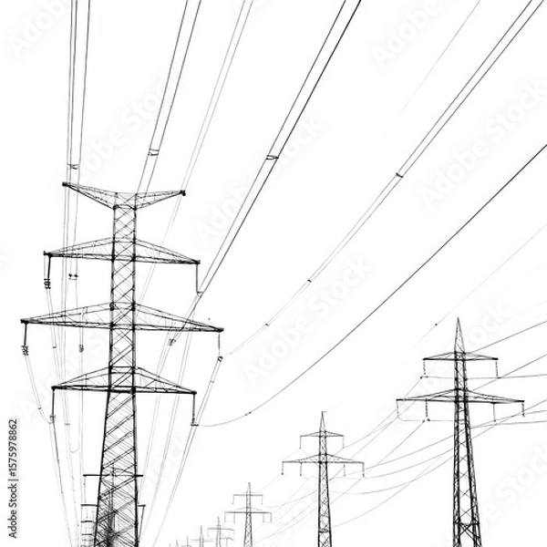 Fototapeta Power Lines and Transmission Towers A Line Sketch isolated on transparent background