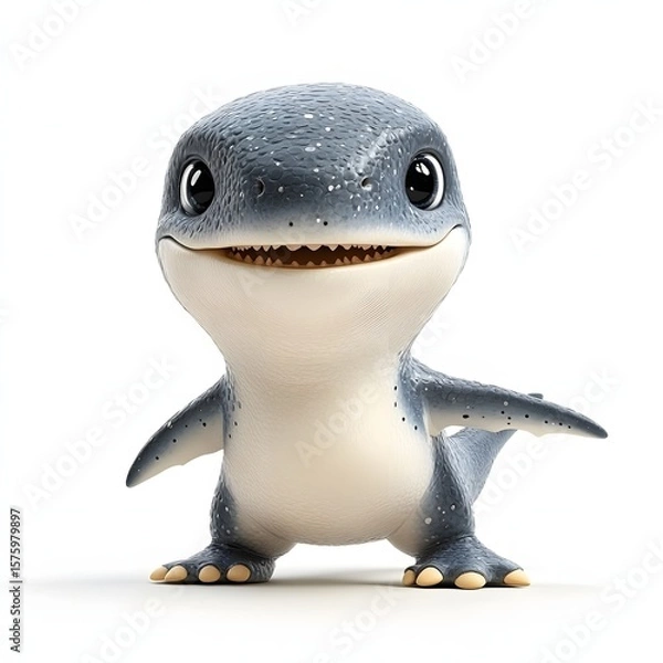 Fototapeta A charming cartoon lizard with a friendly smile and speckled gray skin stands on a white surface, radiating warmth and approachability. Baby dinosaur isolated on a white background.