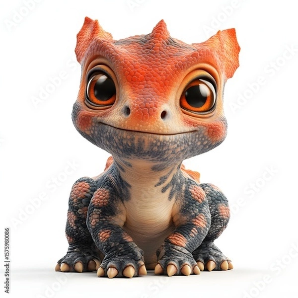 Fototapeta Charming cartoon baby dinosaur with big orange eyes, isolated on white. Adorable and whimsical, perfect for children's designs. Baby dinosaur isolated on a white background.