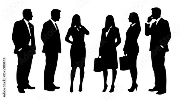 Fototapeta Silhouette Set of Business People in Various Office Poses with Empty Space Around Each for Clean Composition