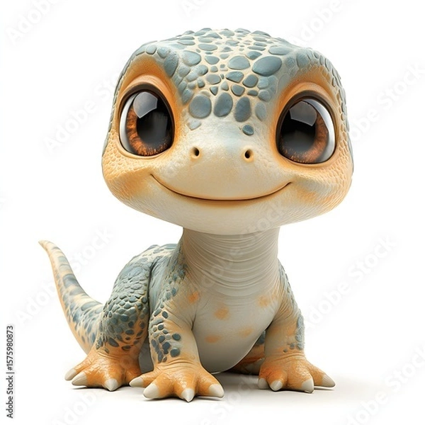 Fototapeta Adorable cartoon lizard with bright eyes and colorful scales, sitting and smiling. Perfect for children's illustrations. Baby dinosaur isolated on a white background.
