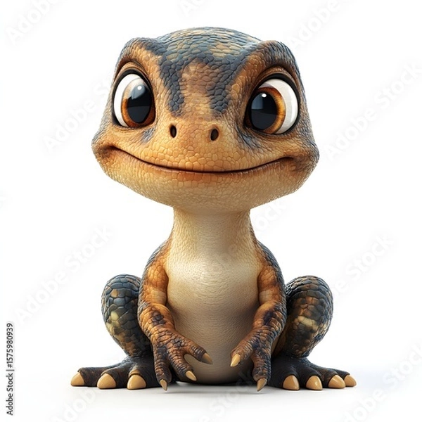 Fototapeta Charming lizard-like creature with big eyes and polygonal scales, radiating warmth and friendliness. A cute, stylized character sitting on a white background. 