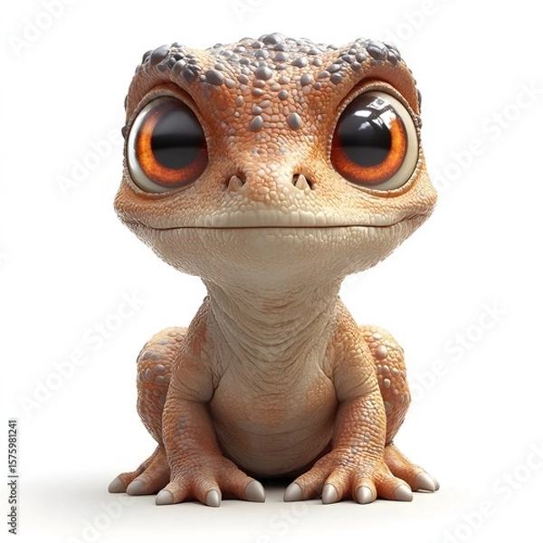 Fototapeta A cute, cartoon lizard with bright orange eyes and bumpy skin poses upright against a white background. Baby dinosaur isolated on a white background.