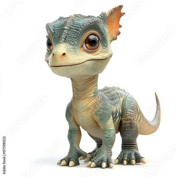 Fototapeta Adorable blue and tan dinosaur with big, expressive eyes, isolated on white. Scaled skin, orange fin. Perfect for children's content! Baby dinosaur isolated on a white background