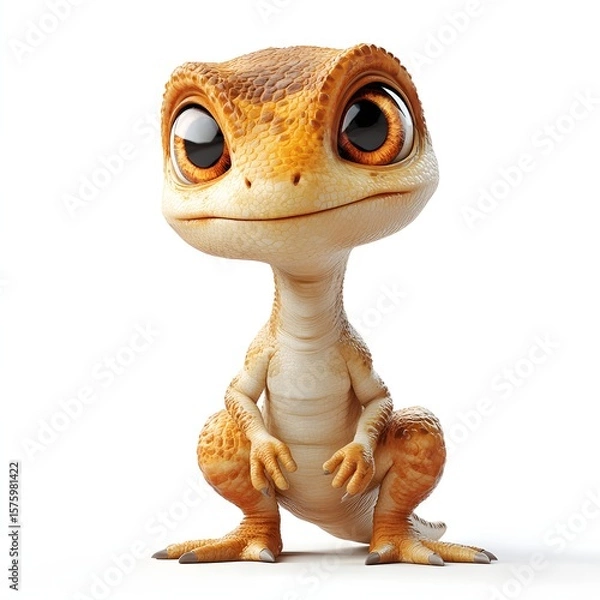 Fototapeta Adorable cartoon lizard with orange and beige scales, captivating brown eyes, squatting pose. Perfect for kids' designs and educational content. Baby dinosaur isolated on a white background