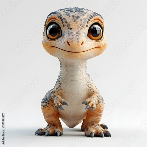 Fototapeta A charming cartoon dinosaur with a friendly smile, mottled skin, and soft features. Perfect for kids' projects, educational materials, or playful designs. Baby dinosaur isolated on a white background.