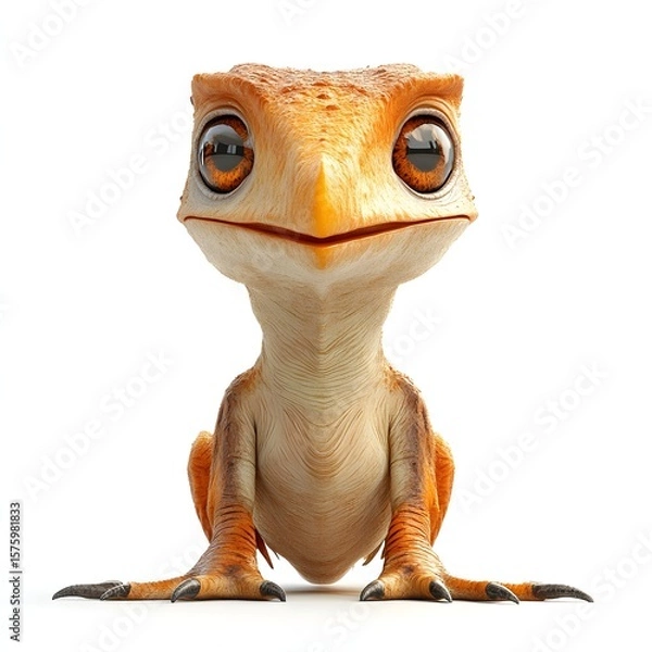Fototapeta A charming, cartoon dinosaur with bright orange scales and a friendly expression, isolated on white. Perfect for children's books or cute designs. Baby dinosaur isolated on a white background