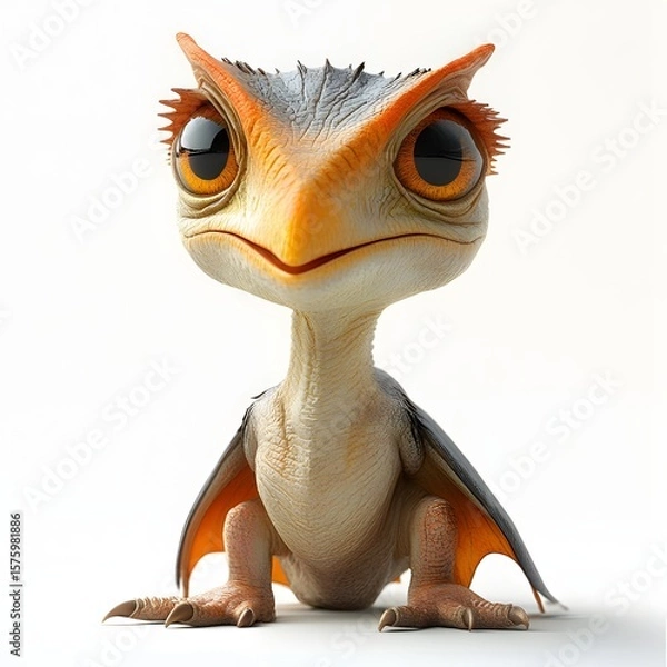 Fototapeta Whimsical dinosaur-bird hybrid with amber eyes, orange spikes, and detailed texture. Hyperrealistic style. Baby dinosaur isolated on a white background.