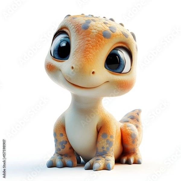 Fototapeta Adorable cartoon gecko with big blue eyes and a friendly smile, sitting upright. Orange and beige skin with gray spots against a clean white background. Baby dinosaur isolated on a white background.