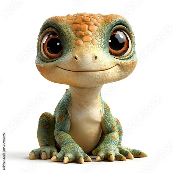 Fototapeta A charming, cartoon lizard with bright eyes and a friendly grin sits upright against a white backdrop. Its vibrant green and orange scales add playful character. 