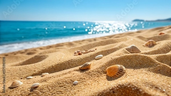 Fototapeta Close up of beach sand against the background of the sea on a sunny bright summer day 
