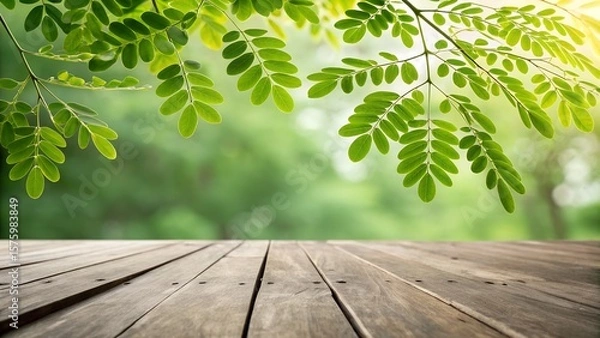 Fototapeta Empty wooden table with defocused sunny background