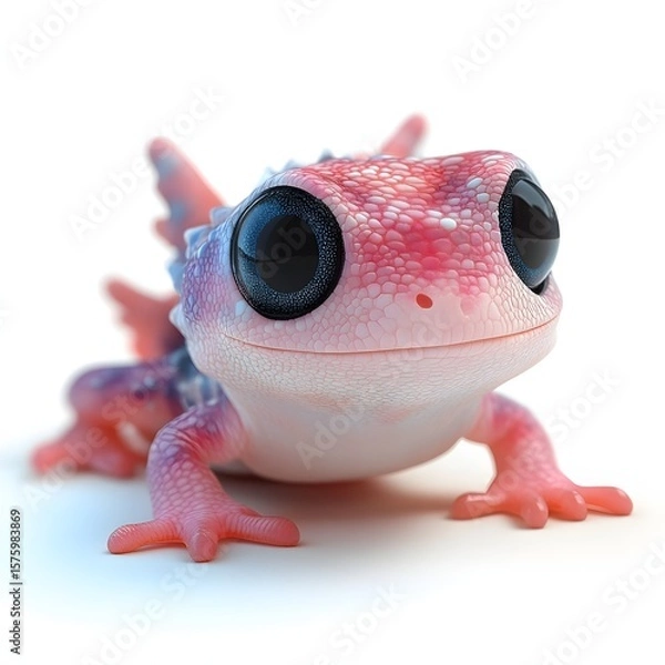 Fototapeta Charming cartoon gecko with vibrant pink and blue scales, isolated on white. Appealing for children's designs. Baby dinosaur isolated on a white background.