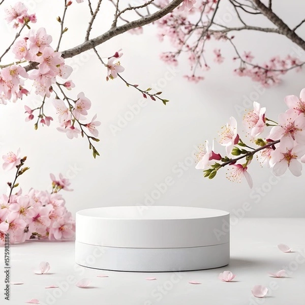 Fototapeta minimal product display white podium with cherry blossom background