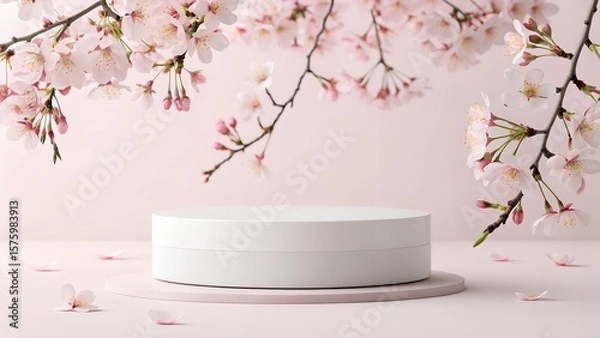 Fototapeta minimal product display white podium with cherry blossom background