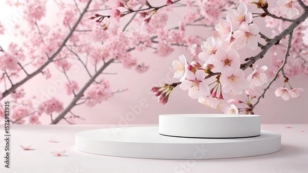 Fototapeta minimal product display white podium with cherry blossom background