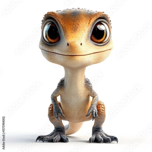 Fototapeta Charming cartoon lizard with reflective eyes and a friendly smile. Orange, brown, and beige scales on a white surface. Cute and appealing design. Baby dinosaur isolated on a white background.