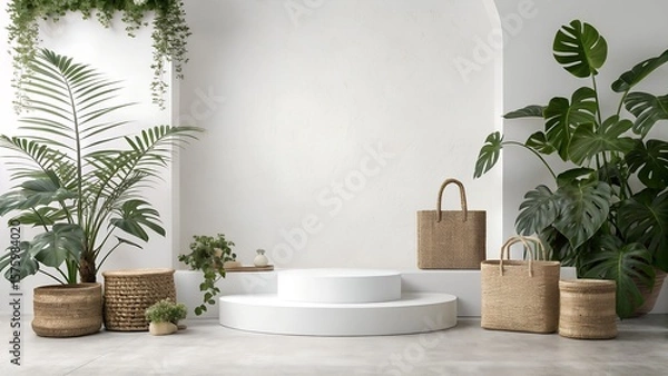 Fototapeta Product display round podium with nature leaves on white background 