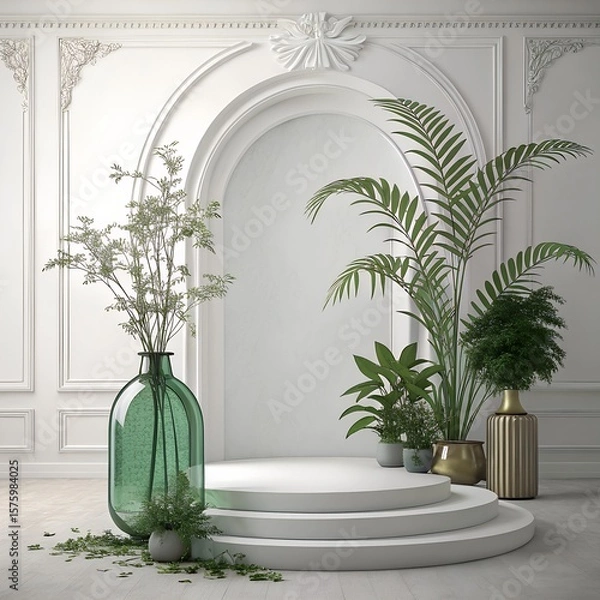 Fototapeta Product display round podium with nature leaves on white background 
