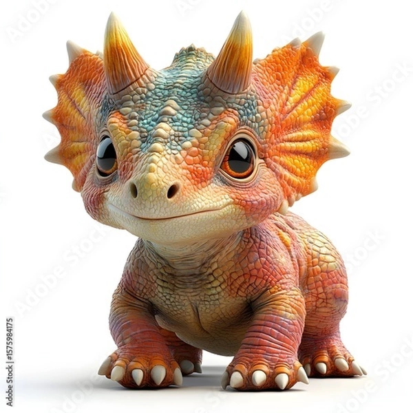 Fototapeta Adorable baby Triceratops with vibrant colors and realistic scales. Its expressive eyes and friendly smile will melt your heart. Baby dinosaur isolated on a white background.