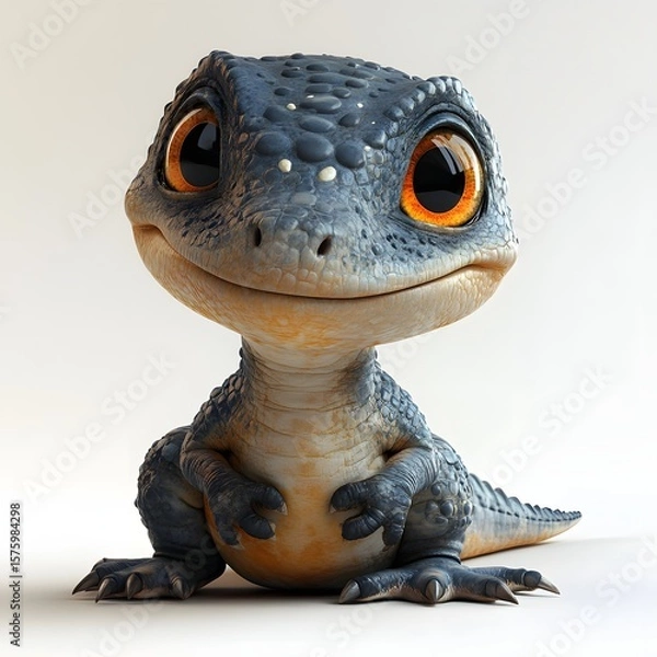 Fototapeta A charming baby dinosaur with big, orange eyes sits on a white surface. Its blue-grey skin and round scales make it an adorable prehistoric creature. Baby dinosaur isolated on a white background.